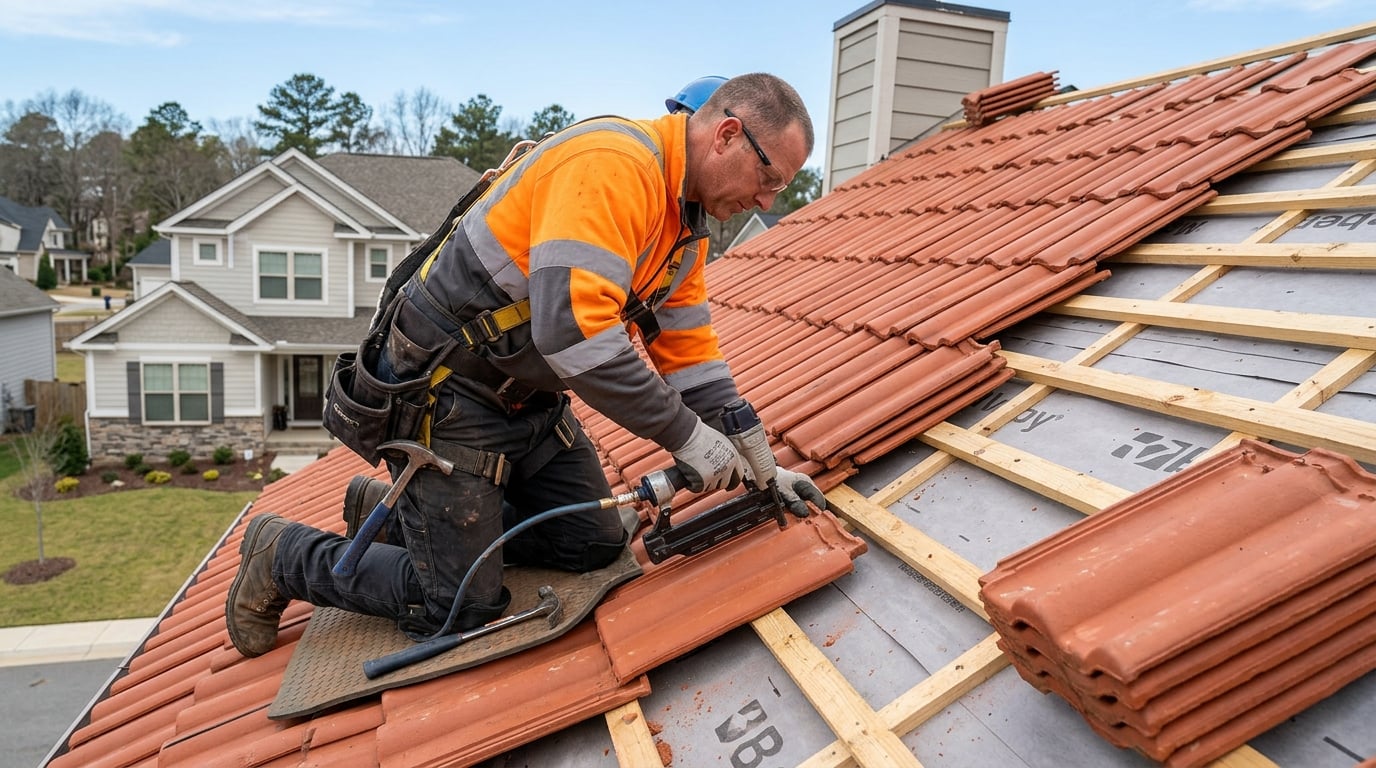 Professional roofing work in progress